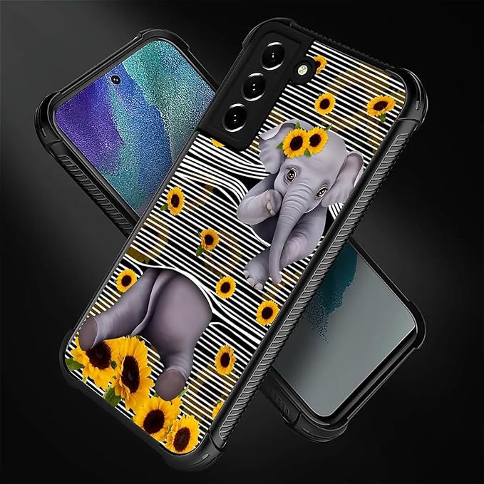 for Samsung Galaxy S22 Case, Cute Little Elephant Sunflower White Line Art - Image 2