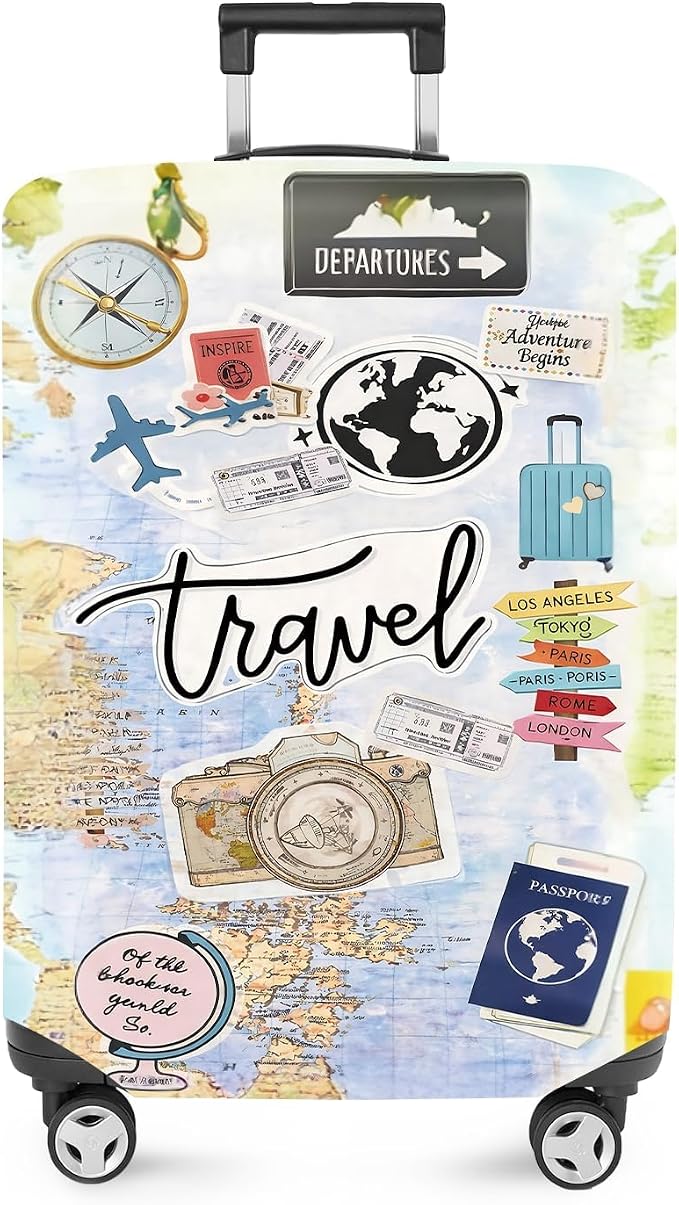 ANNA QUEEN Travel Collage Luggage Cover, World Map & Sticker Style Suitcase by ANNAQUEEN