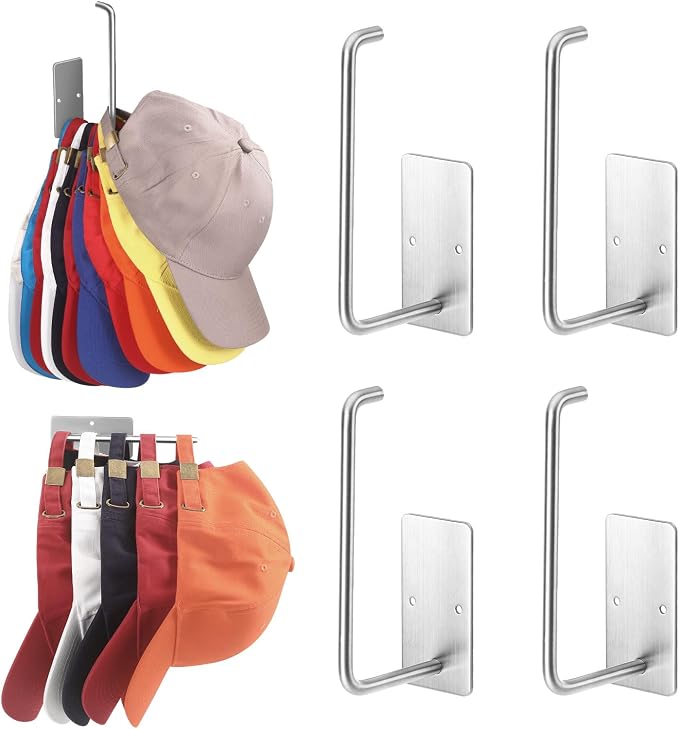 Hat Racks for Baseball Caps 4 Pack, Stainless Steel Adhesive Hat Hanger Hooks by Letohoumia
