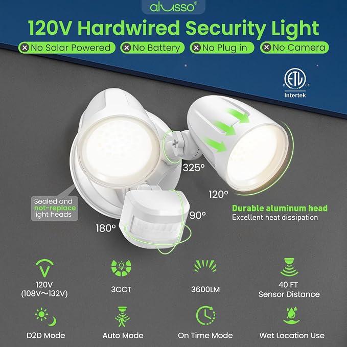 ALUSSO Motion Sensor Outdoor Lights Metal Heads, 30W 3600LM Flood Lights - Image 3