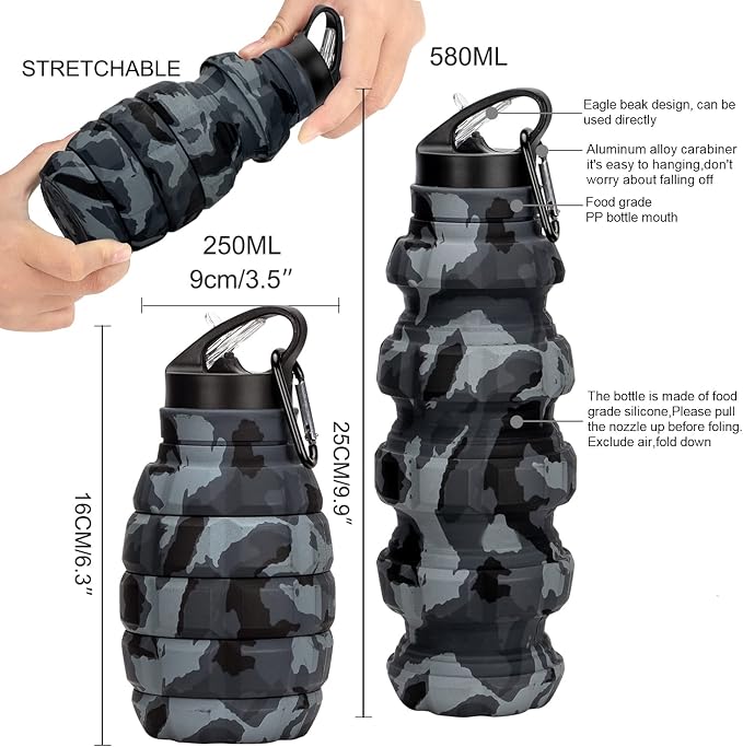 Collapsible Travel Water Bottle19.6 oz, Reuseable Silicone Foldable Water - Image 2
