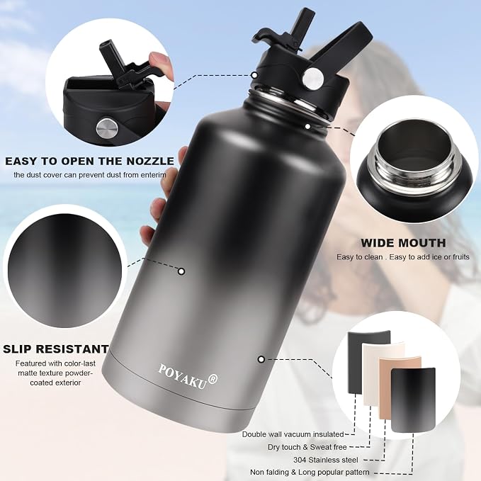 Water Bottle Insulated 32oz 40oz 64oz 128oz Straw Lid Spout Lid & 3 Lids - Image 4