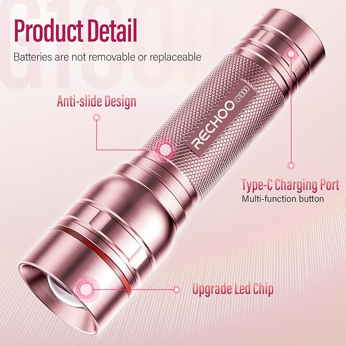 Flashlight Rechargeable High Lumens, G1000 Super Bright Flash Light Pink - Image 7