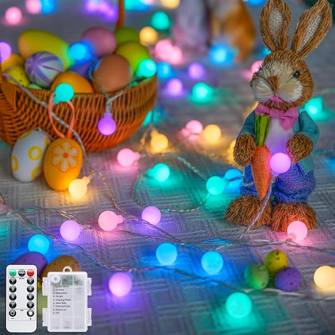 JMEXSUSS 100 LED Easter Lights Battery Operated, 33ft Multicolor Globe String by JMEXSUSS
