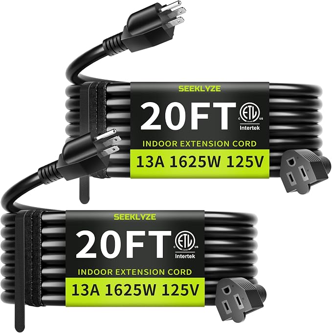 16/3 Black 20 FT Extension Cord, Indoor Extension Cord by Seeklyze