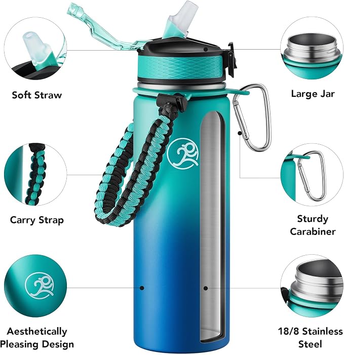 GOSWAG Insulated Sports Water Bottle, 24oz 2 Lids, Stainless Steel Water Bottles - Image 3