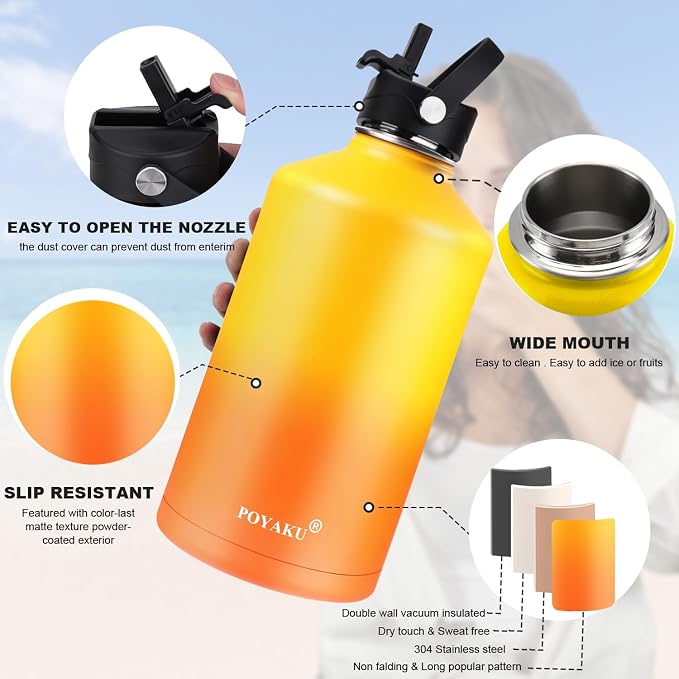 Water Bottle Insulated 32oz 40oz 64oz 128oz Straw Lid Spout Lid & 3 Lids - Image 3