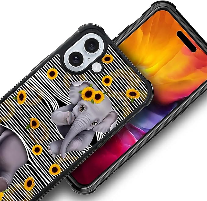 for iPhone 16 Case, Cute Little Elephant Sunflower White Line Art Pattern - Image 3
