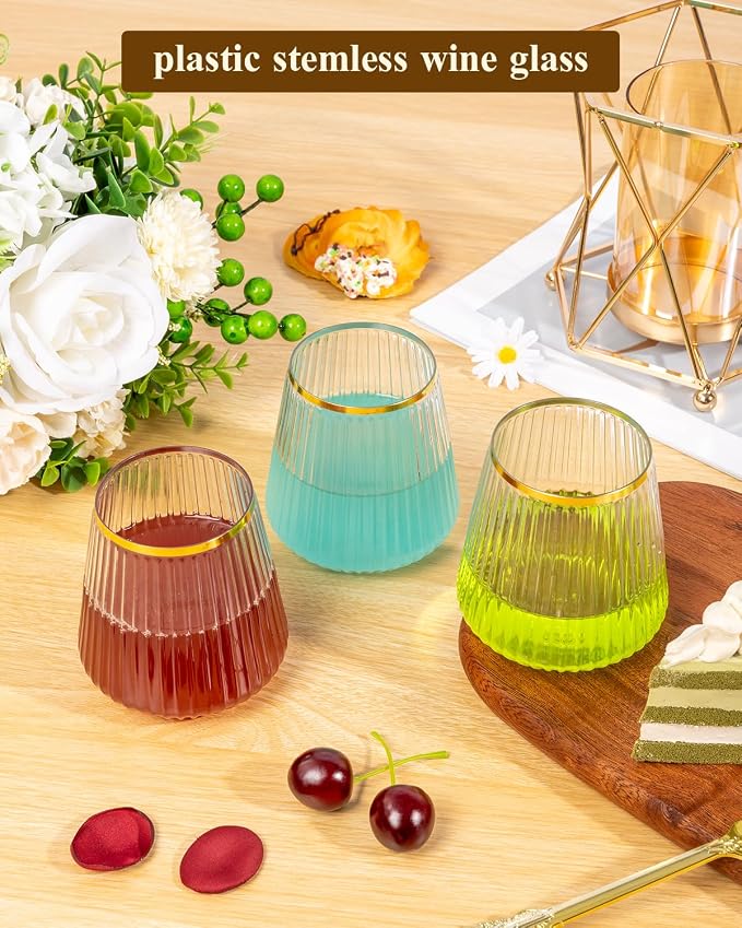 Goodluck 36 Pack 12oz Stemless Plastic Wine Glasses – Clear Ribbed Cups - Image 3