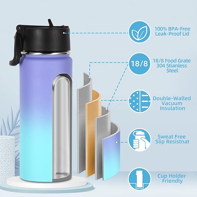 Volhoply 18oz Insulated Water Bottle Bulk 8 Pack, Kids Stainless Steel Water - Image 3