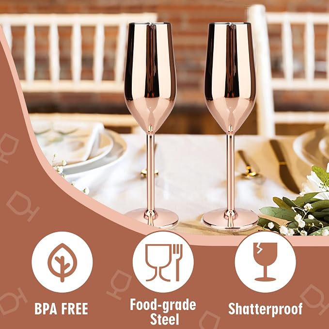 TJ Unbreakable 8 Oz Stainless Steel Champagne Flutes- Rose Champagne Glasses - Image 2