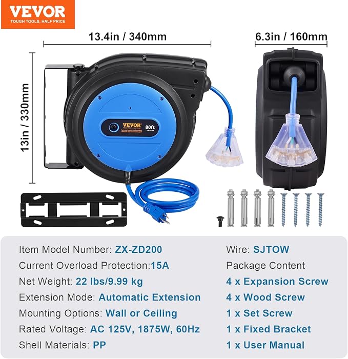 VEVOR 80FT Retractable Extension Cord Reel, 12AWG/3C SJTOW Heavy Duty Power - Image 7