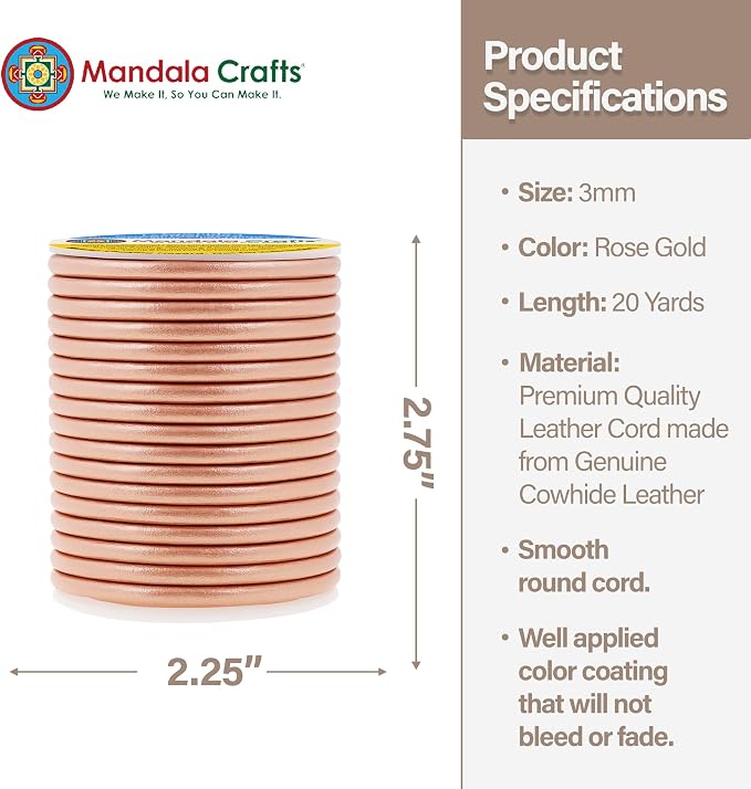 Mandala Crafts Round Genuine Rose Gold Leather Cord - Image 4