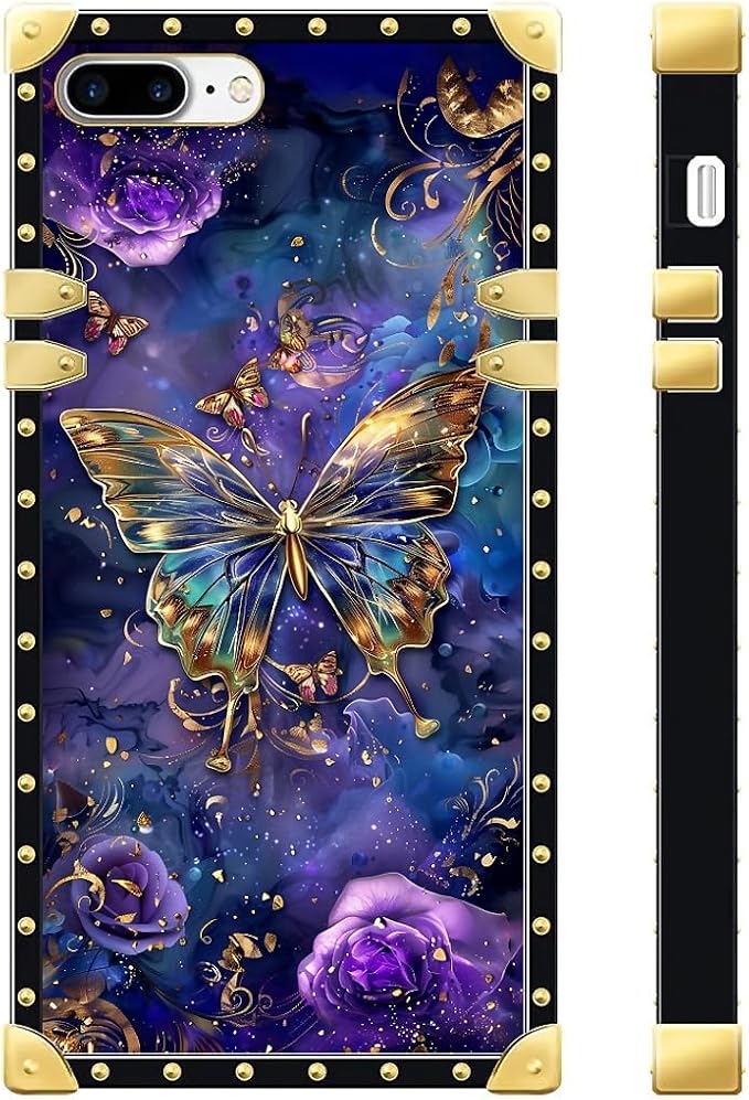 Compatible with iPhone 8 7 SE Case, Glistening Golden Butterfly Vibrant Purple - Image 2