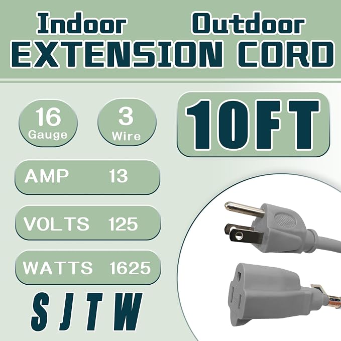 Indoor Outdoor Extension Cord 10 FT, 16/3 SJTW Weatherproof Grey Electrical - Image 2