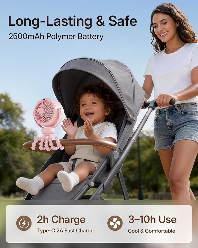 SWEETFULL Portable Stroller Fan, Pinch-Proof Baby Fan, 10H Battery, 5-Speed - Image 4