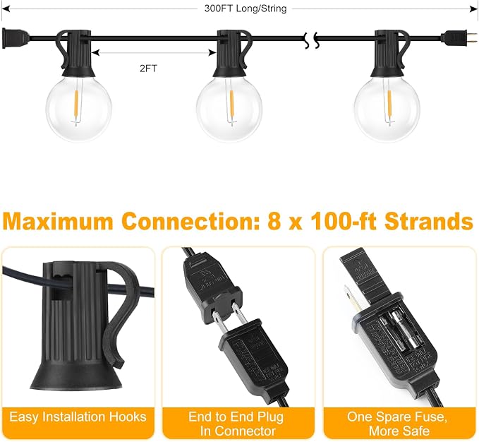 Bosceos 300ft Outdoor G40 LED Globe String Lights Dimmable Waterproof - Image 8