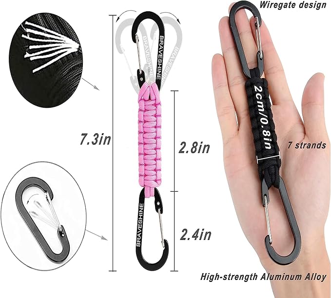 BRAVESHINE Paracord Keychain Carabiner Clip, D Ring Lanyard Hanger Stroller Hook - Image 2