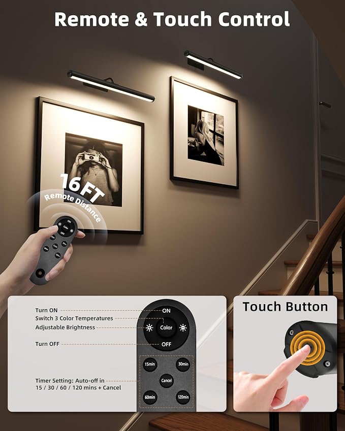 EZVALO 16in Picture Lights for Wall, Rechargeable 6000mAh Cordless Art Lights - Image 5