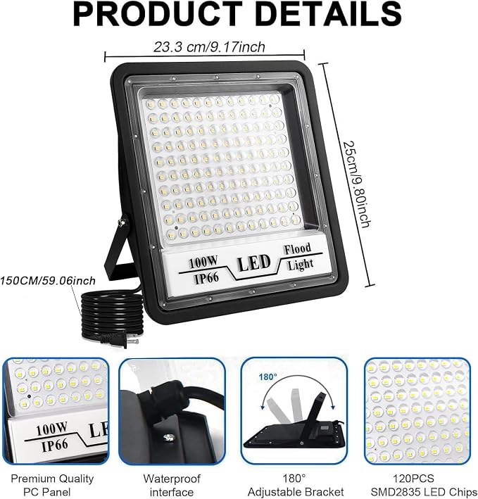CREATESTAR 2 Pack 100W LED Flood Light Outdoor, 10000LM Bright LED Work Lights - Image 4