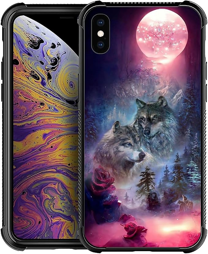 for iPhone Xs Max Case, Star Two Wolfs Howling Pattern Graphic Design Girl Boy by FKBRCL4U