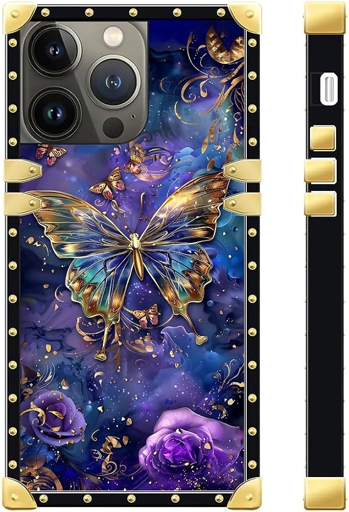 Compatible with iPhone 15 Pro Case, Glistening Golden Butterfly Vibrant Purple - Image 3