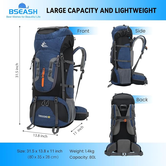 Bseash 80L Waterproof Hiking Camping Backpack - Image 2