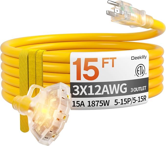 15ft 12 Gauge Heavy Duty 3 Outlet Extension Cord Splitter by Deeklify