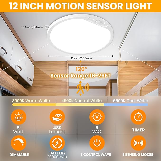 SunRider 12 Inch Rechargeable Motion Sensor LED Ceiling Light - Image 2