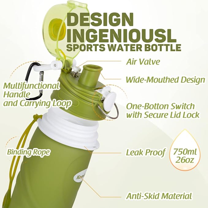 Kemier Collapsible Silicone Water Bottles-750ML, Medical Grade, BPA Free Travel - Image 4