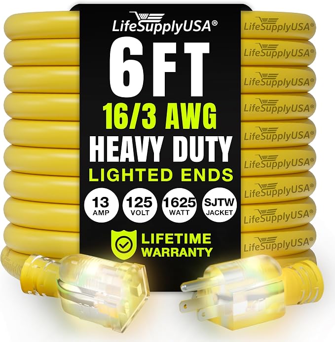 6ft Outdoor/Indoor Extension Cord 16/3 Gauge Heavy Duty 3 Prong SJTW, Waterproof by LifeSupplyUSA