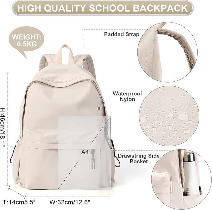 Beige School Backpack for Girls Water Resistant High School Book Bag Simple - Image 4