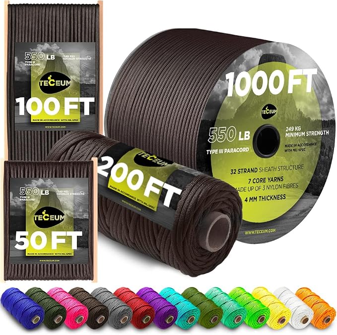TECEUM 5/32" Paracord Rope 1000 – 1000ft / 200ft / 100ft / 50ft – Tactical by TECEUM
