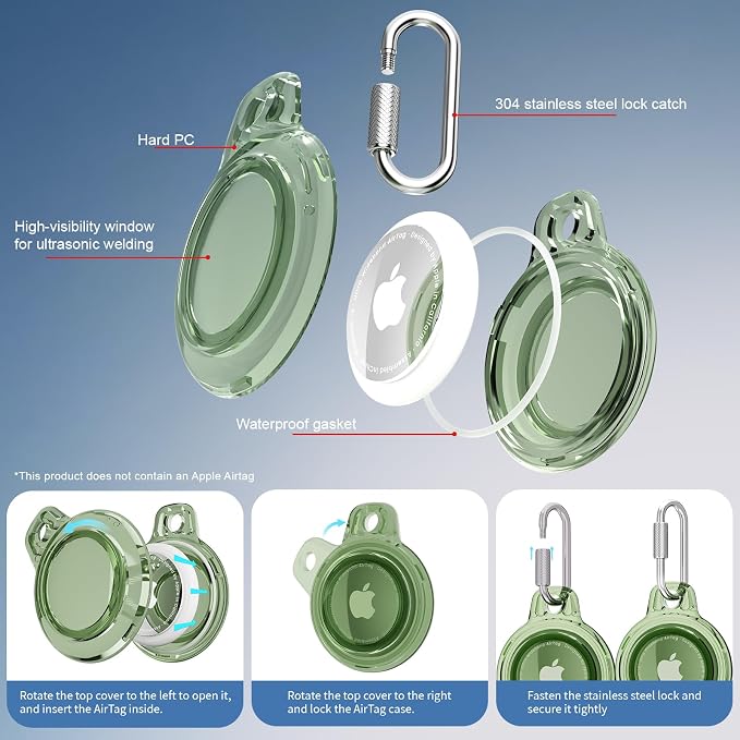 AirTag Holder with 304 Carabiner, 4 Pack IPX8 Waterproof Shockproof PC Hard Case - Image 2
