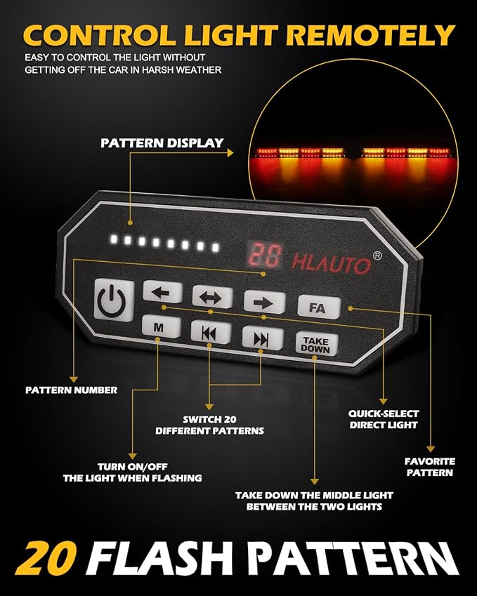 HLauto 604N Emergency Dash Strobe Lights: 2x16.8 inch Amber Red Security Light - Image 5