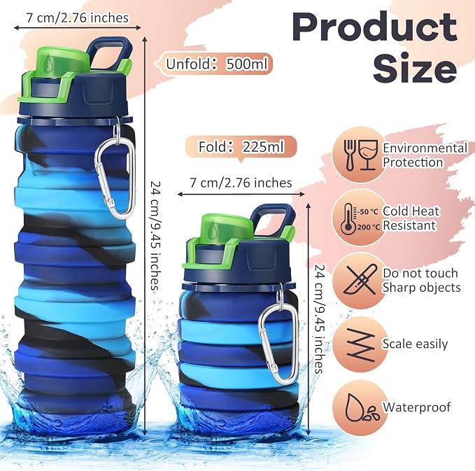 Sunnyray 14 Pack Collapsible Water Bottles Travel 17oz Silicone Portable - Image 2