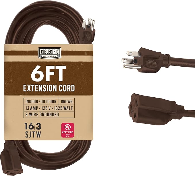 Brown Outdoor Extension Cord 6 Ft, 16/3 Heavy Duty Cable by Cablectric