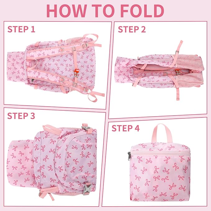 40l Foldable Pink Bow Backpack for Women Pink Waterproof Lightweight Packable - Image 7