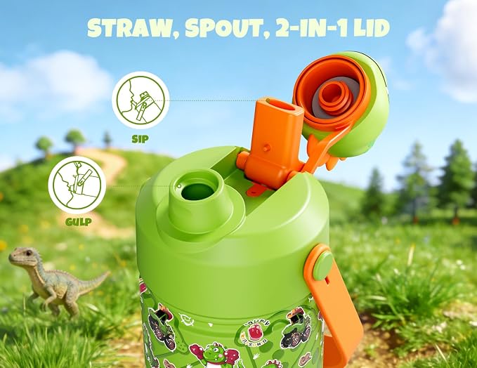 POWCAN 12 oz Kids Stainless Steel Water Bottle: 2-in-1 Straw Spout Lid - Image 3