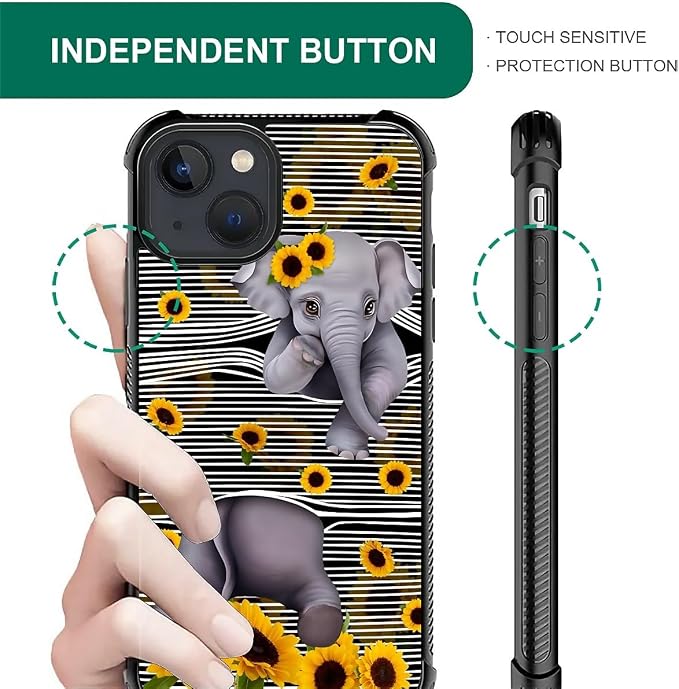 for iPhone 15 Case, Cute Little Elephant Sunflower White Line Art Pattern - Image 6
