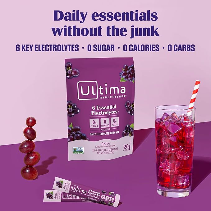 Ultima Replenisher Daily Electrolyte Powder – Grape, 20 Stickpacks – Zero Sugar - Image 2