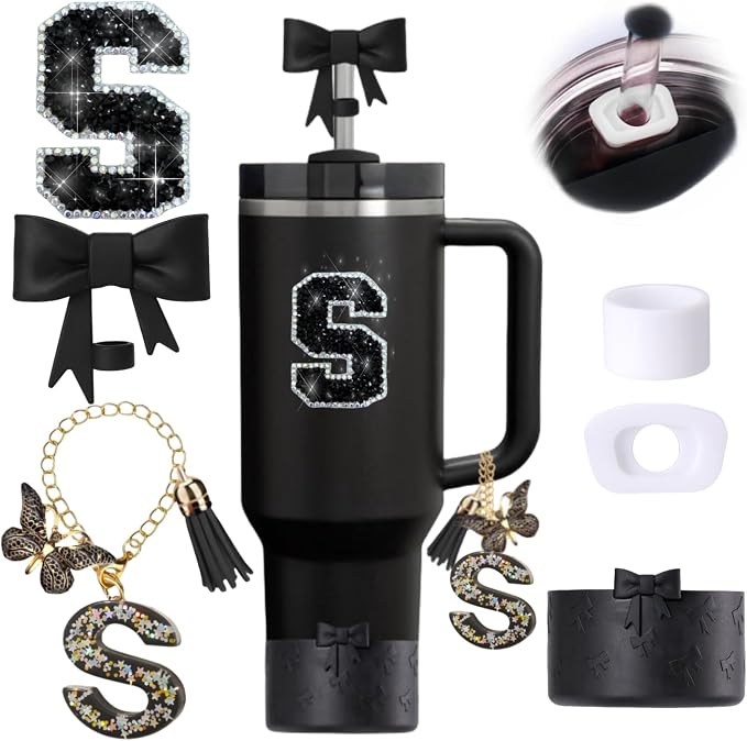 6pcs Black Stanley Cup Accessories Set, Bow Straw Topper by MOTEERLLU