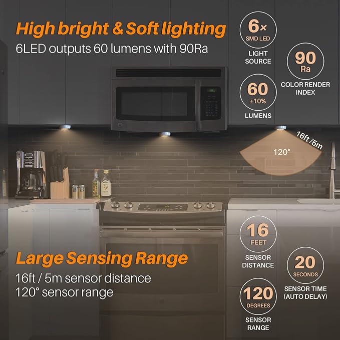 STAR-SPANGLED 6 Pack 2.8” Motion Sensor Lights Indoor AAA Battery Operated - Image 2