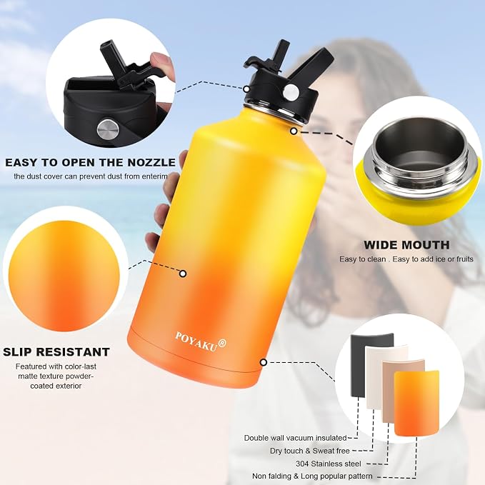 Water Bottle Insulated 32oz 40oz 64oz 128oz Straw Lid Spout Lid & 3 Lids - Image 5