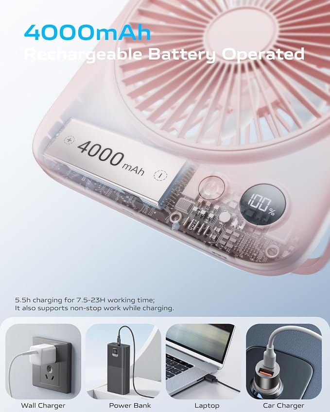 Otlonpe Portable Desk Fan 6.5 Inch, 4000mAh Rechargeable Battery Operated & USB - Image 3