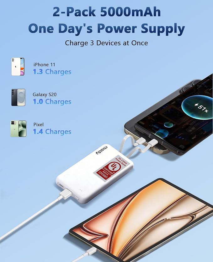 Miady 2-Pack UL Listed Small Portable Charger, 5000mAh Slim Power Bank Built-in - Image 5