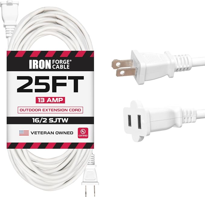 Iron Forge Cable 2 Prong Outdoor Extension Cord 25 ft, 16/2 SJTW 25 Foot White by IronForgeCable