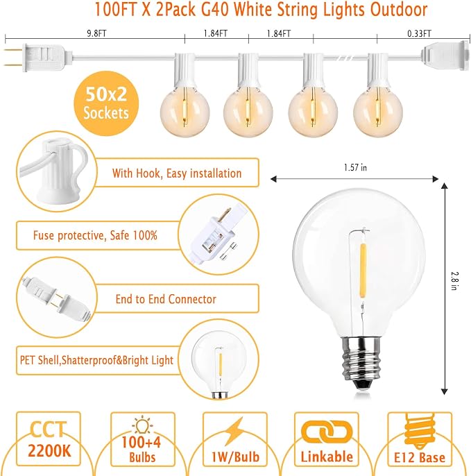 200 Feet White String Lights for Outside G40 Patio Lights Waterproof - Image 6