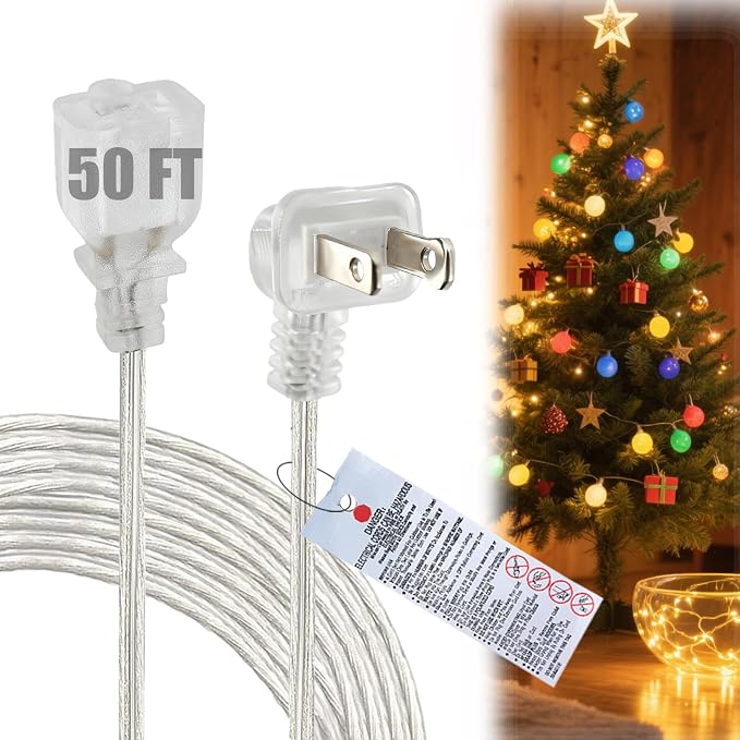 50FT Extension Cord, Flat Plug Extension Cord Indoor/Outdoor, 2 Prong, by Yeatel