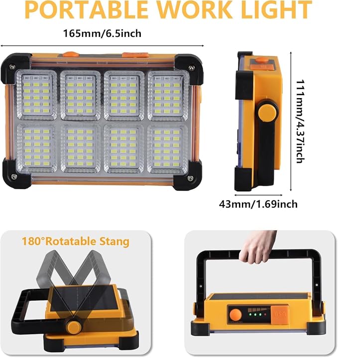 2 Pack 120W Solar Rechargeable Work Light, 144 LED 10000LM Portable Flood Light - Image 3